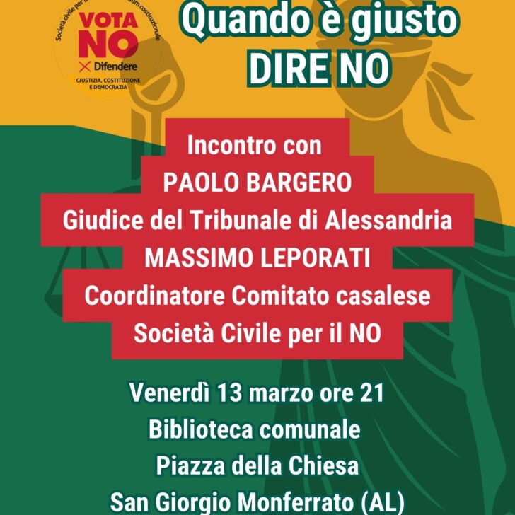 Referendum Giustizia: venerdì a San Giorgio Monferrato incontro del Comitato per il No