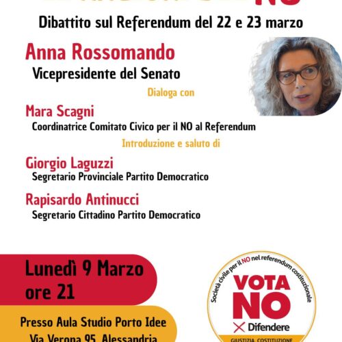 Referendum Giustizia: il 9 marzo ad Alessandria incontro per il No con la Senatrice Anna Rossomando