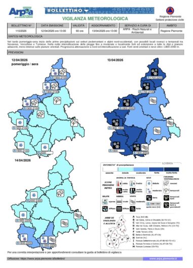 Meteo in peggioramento sul Piemonte. Lunedì allerta gialla