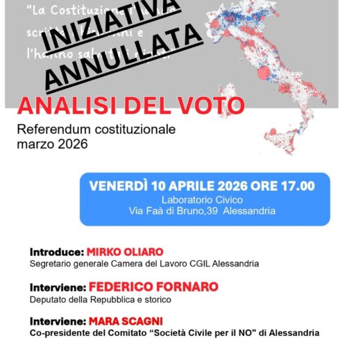 ANNULLATO l’incontro “Il no che non ti aspetti” in programma venerdì ad Alessandria