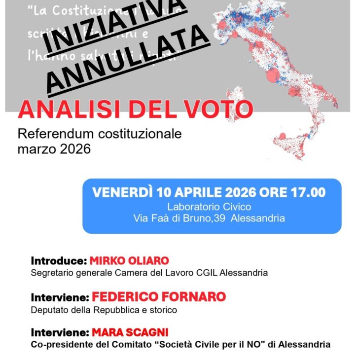ANNULLATO l’incontro “Il no che non ti aspetti” in programma venerdì ad Alessandria