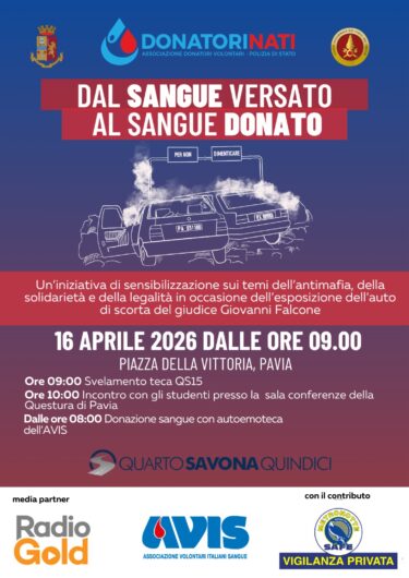 A Pavia l’auto di scorta di Falcone esplosa a Capaci. Il 16 aprile memoria e solidarietà con i Donatori Nati della Polizia di Stato