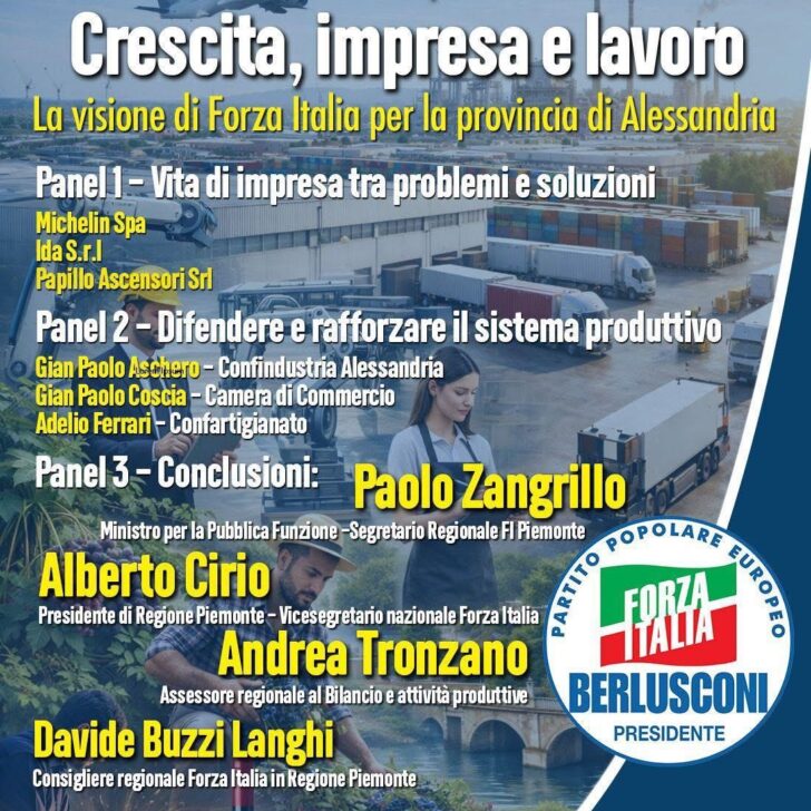 Forza Italia: ad Alessandria il confronto su imprese e lavoro con il Ministro Zangrillo e il Governatore Cirio
