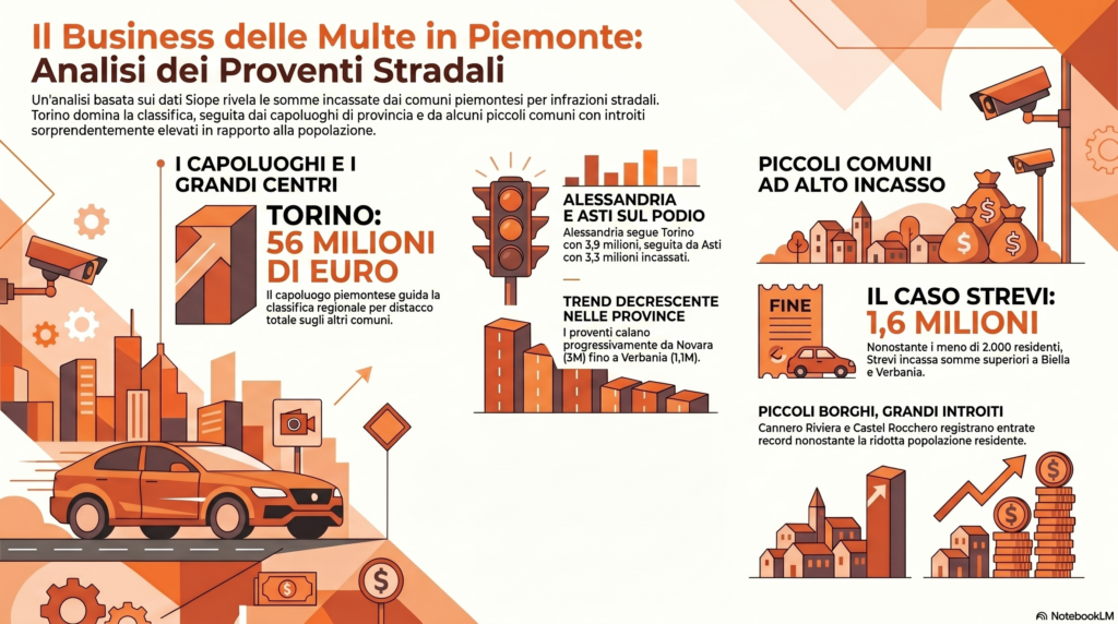 Infografica su dati 2025 multe Piemonte - Realizzato con Notebook