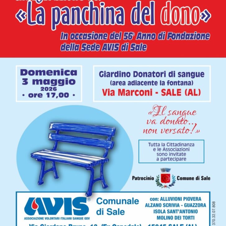 A Sale “La panchina del dono” per festeggiare i 56 anni dell’AVIS