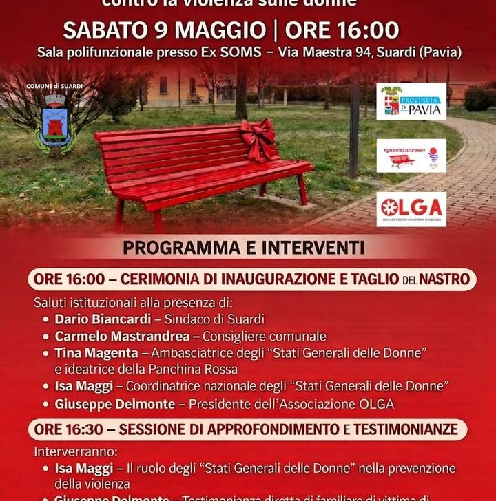 A Suardi sabato l’inaugurazione della panchina rossa contro la violenza sulle donne