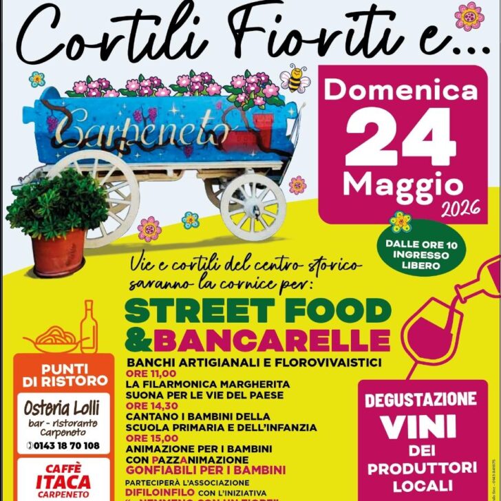 Domenica 24 maggio Cortili Fioriti a Carpeneto. Il borgo si riempie di fiori, vino, musica e street food