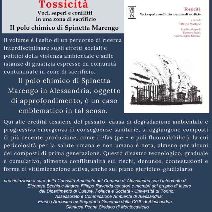 “Tossicità”: oggi la presentazione del libro sul Polo chimico di Spinetta