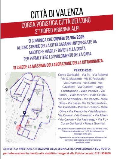 Questo giovedì 28 maggio la Corsa Podistica “Città dell’Oro”. Le modifiche alla viabilità a Valenza