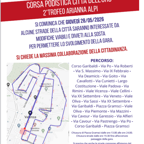 Questo giovedì 28 maggio la Corsa Podistica “Città dell’Oro”. Le modifiche alla viabilità a Valenza
