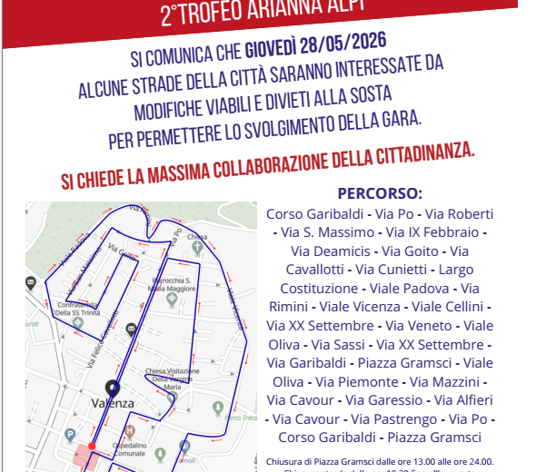 Questo giovedì 28 maggio la Corsa Podistica “Città dell’Oro”. Le modifiche alla viabilità a Valenza