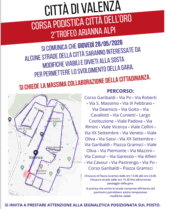 Questo giovedì 28 maggio la Corsa Podistica “Città dell’Oro”. Le modifiche alla viabilità a Valenza