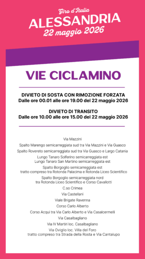 Giro d’Italia 2026 ad Alessandria: percorso, viabilità, navette ed eventi in vista della tappa del 22 maggio