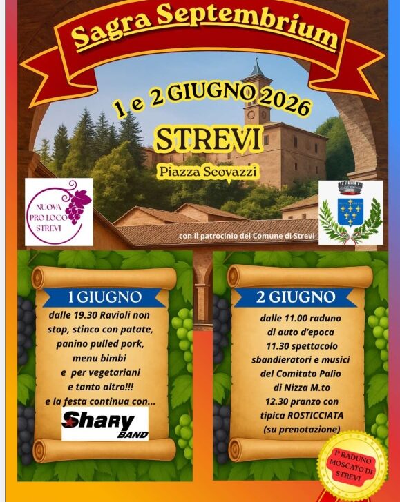 A Strevi il 1° e 2 giugno torna la “Sagra Septembrium”: due giorni tra sapori tipici, musica e auto d’epoca