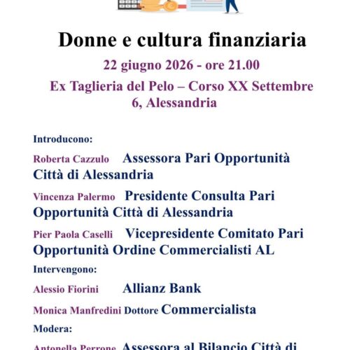 Donne e cultura finanziaria: lunedì incontro pubblico ad Alessandria