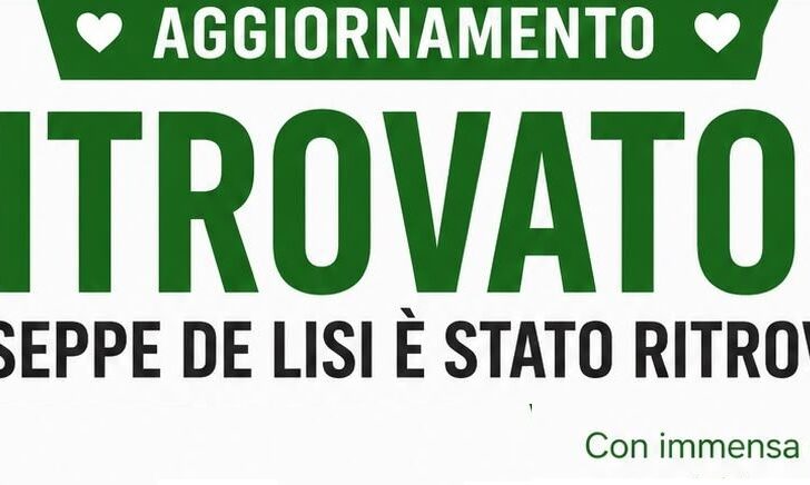 Ritrovato Giuseppe De Lisi: il ringraziamento della famiglia a chi ha contribuito alle ricerche