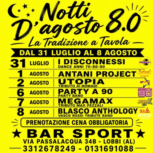 A Lobbi tornano le “Notti d’Agosto 8.0”: sei serate tra musica live, tradizione e sapori al Bar Sport