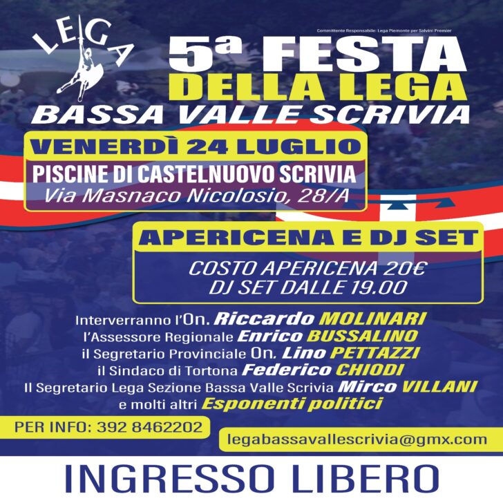 Venerdì la Festa della Lega a Castelnuovo Scrivia: ospiti Molinari, Pettazzi, Bussalino, Chiodi e Villani