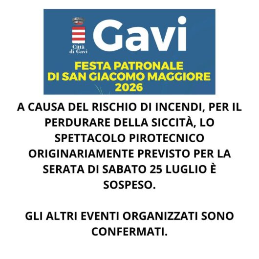 A Gavi niente fuochi d’artificio per la Festa Patronale. Spettacolo pirotecnico sospeso per rischio incendi