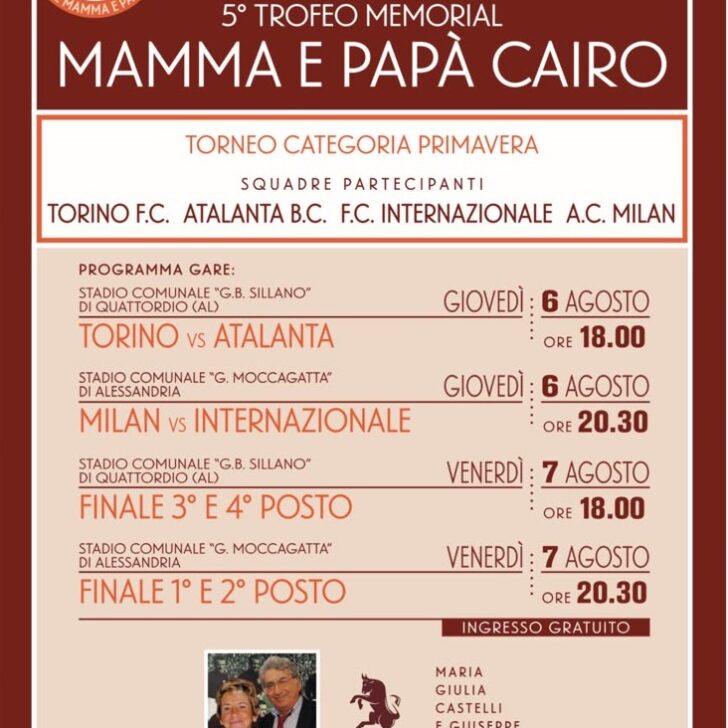 Torna il Memorial Mamma e Papà Cairo: il 6 e 7 agosto a Quattordio e Alessandria il meglio del calcio Primavera