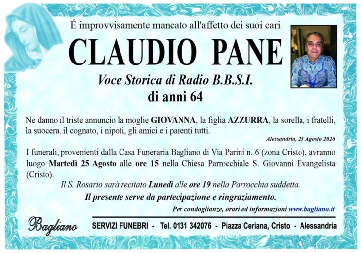 Lutto ad Alessandria per la scomparsa di Claudio Pane, storica voce di Radio B.B.S.I.