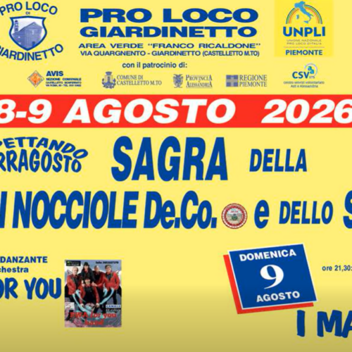 Sabato 8 e domenica 9 agosto la sagra delle nocciole e dello stinco a Giardinetto