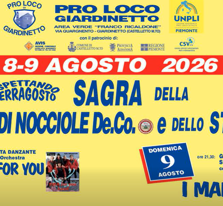 Sabato 8 e domenica 9 agosto la sagra delle nocciole e dello stinco a Giardinetto