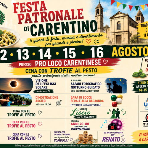 Festa Patronale a Carentino: cinque giorni tra trofie al pesto, musica, bocce e osservazione dell’eclissi