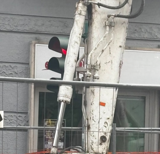 Semaforo dei pedoni in via Marengo ad Alessandria coperto da un escavatore: la segnalazione di un cittadino