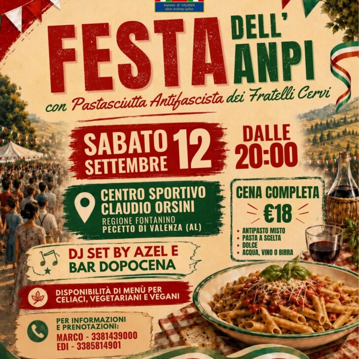 A Pecetto di Valenza il 12 settembre la Festa dell’Anpi con la Pastasciutta anitfascista