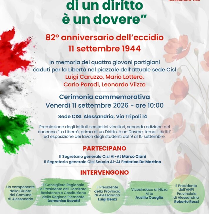 Venerdì 11 settembre la Cisl Alessandria ricorda i quattro partigiani uccisi in via Tripoli 82 anni fa