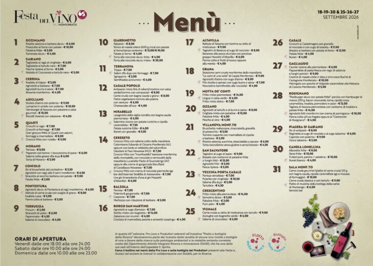 Festa del Vino del Monferrato: oltre cento piatti delle Pro Loco e cento etichette protagonisti per due weekend a Casale