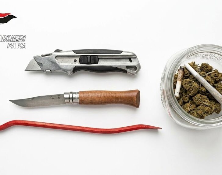 Un coltello, un taglierino, un piede di porco e marijuana: denunce e segnalazioni durante i controlli dei Carabinieri a Pavia