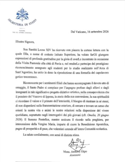 Papa Leone XIV elogia gli studenti del Volta di Pavia per il progetto sull’Arca di Sant’Agostino