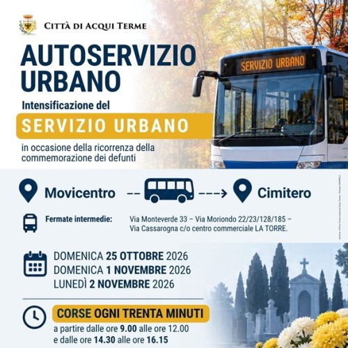 Ad Acqui Terme più bus per raggiungere i cimiteri in occasione della commemorazione dei defunti