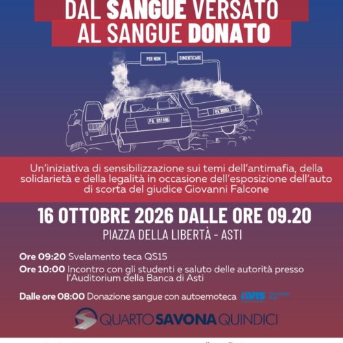 “Dal sangue versato al sangue donato”: ad Asti la teca con l’auto della scorta di Falcone