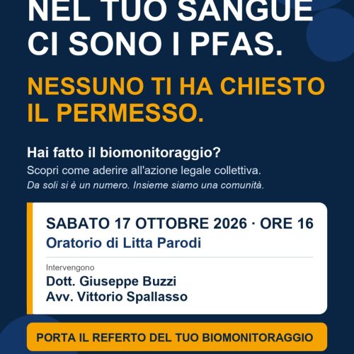 Pfas: sabato assemblea a Litta Parodi per chi ha partecipato al biomonitoraggio regionale