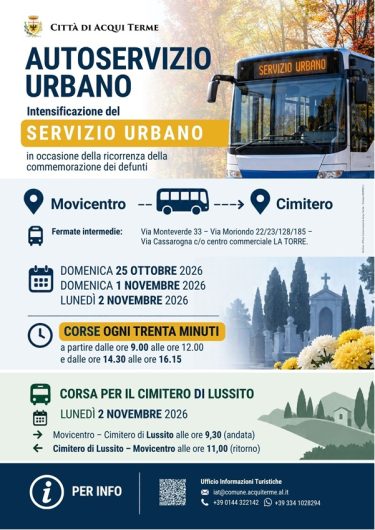 Ad Acqui Terme più bus per raggiungere i cimiteri in occasione della commemorazione dei defunti